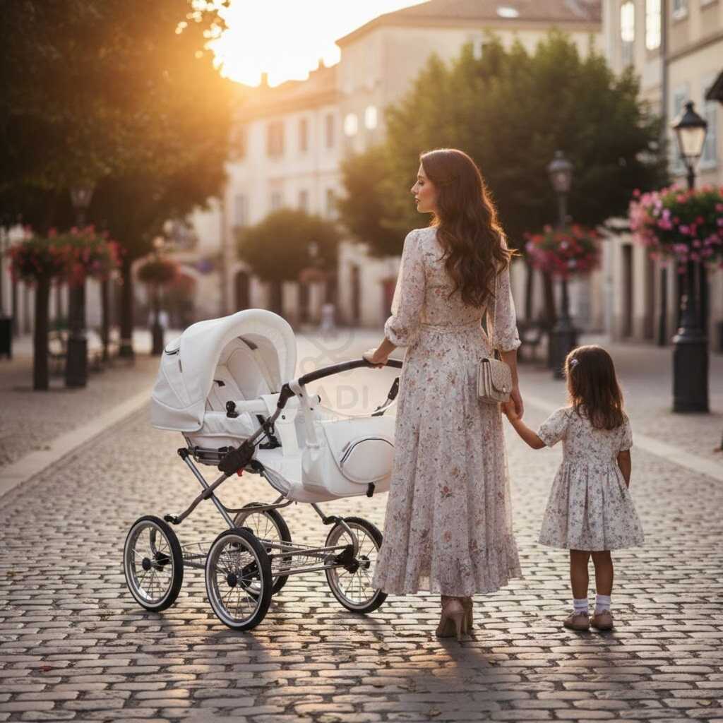 Kobieta z dzieckiem i białym wózkiem retro Fanari na brukowanej ulicy o zachodzie słońca.